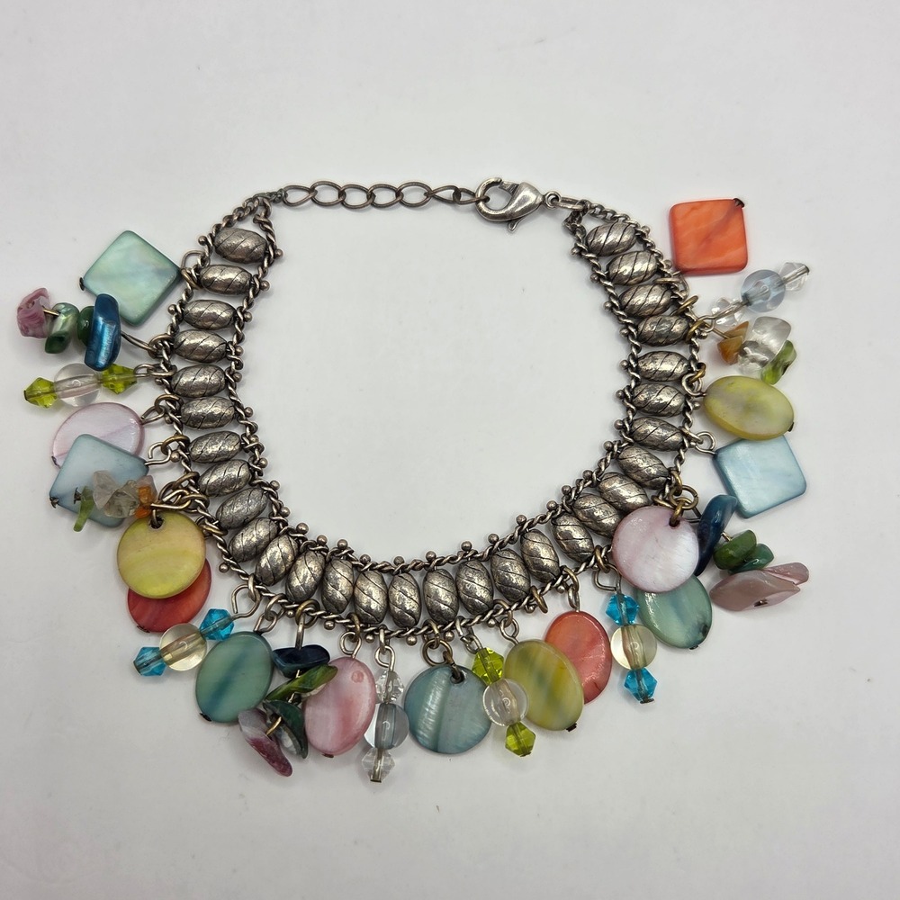 Silver Tone Multicolor Mother of Pearl Shell Bead Charm Bracelet Chunky Boho Y2K